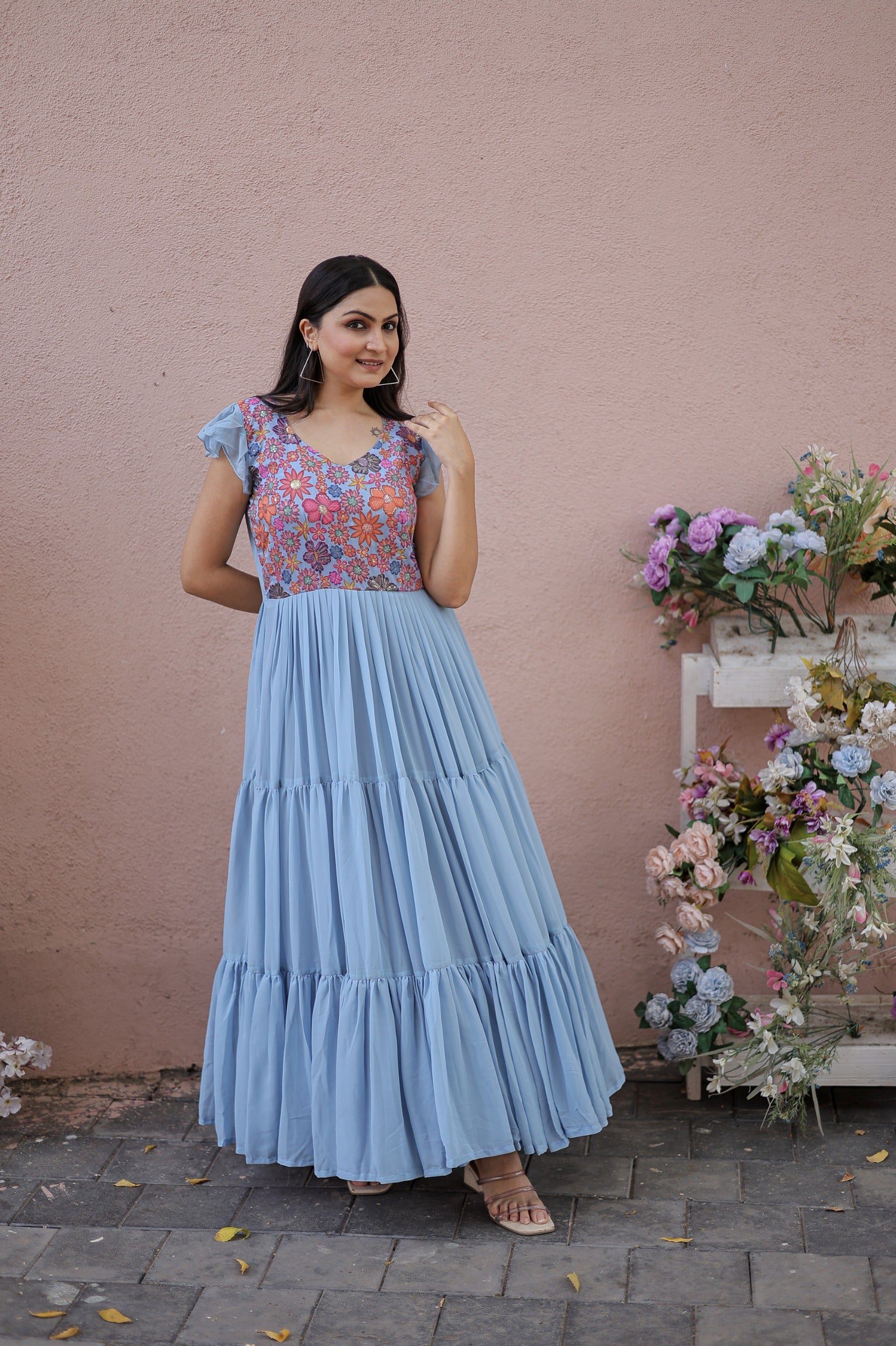 Blue Premium Floral Position Print Designer Gown – Faux Georgette with Bell Sleeves & 8-Meter Flair - Shubh Trends