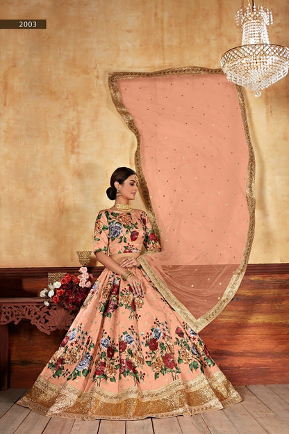 Wedding Season Special Floral Printed Lehenga Choli Set – Art Silk with Embroidery & Pearl Work