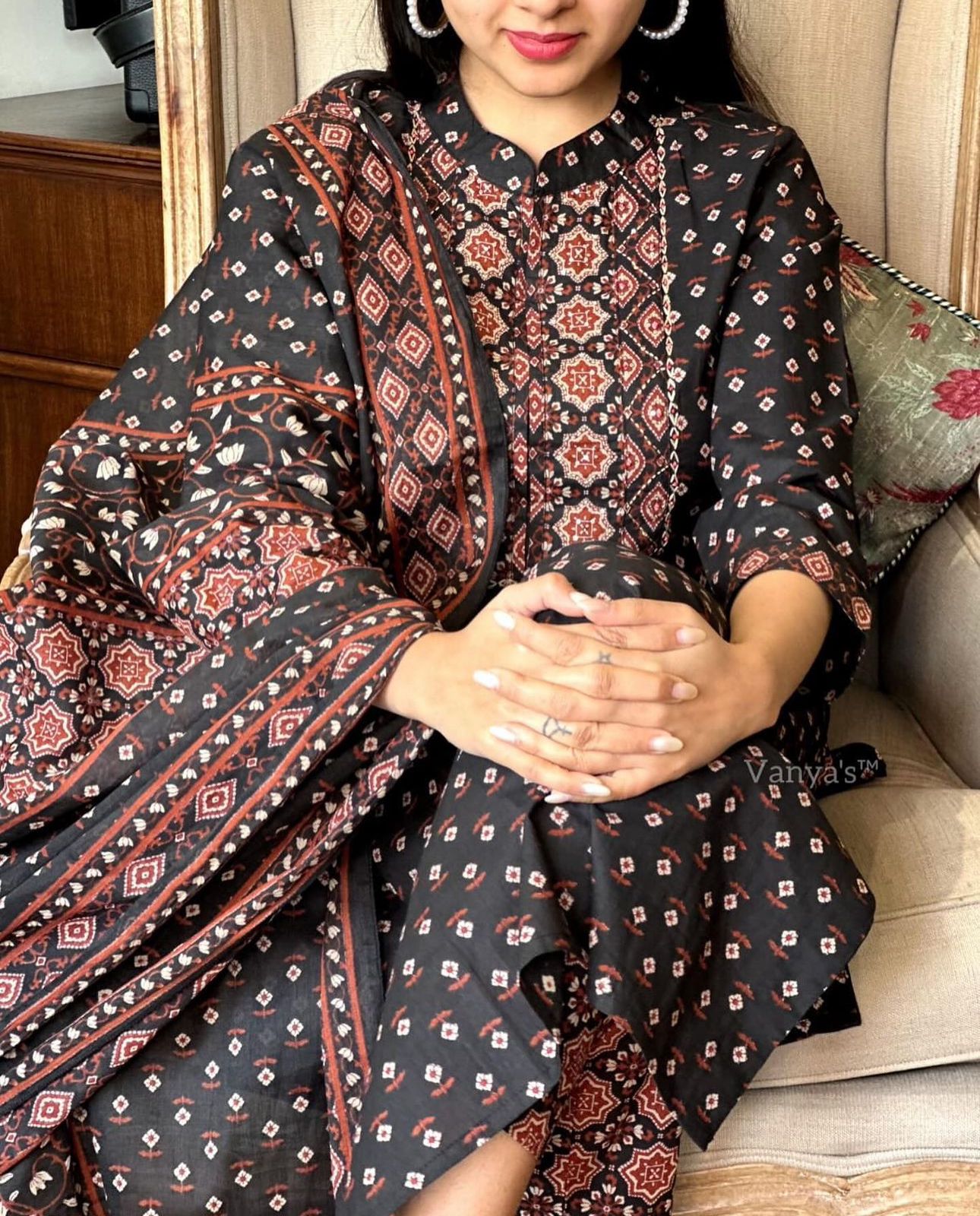 Black cotton Patola Print Kurta Set – Kantha Work with Dupatta - Shubh Trends