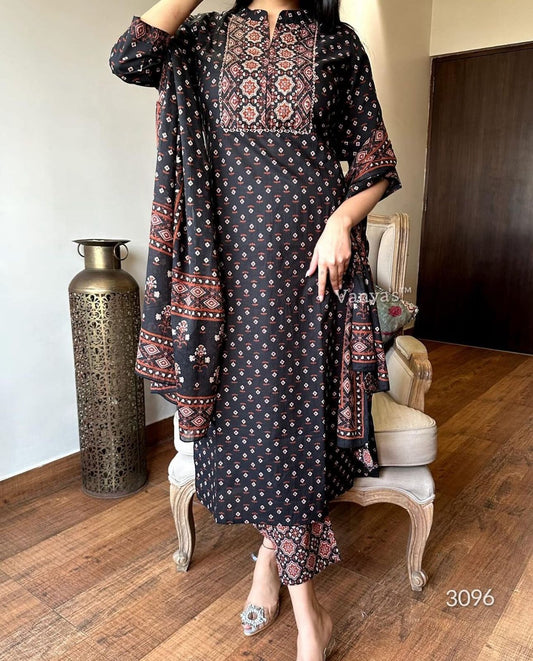 Black cotton Patola Print Kurta Set – Kantha Work with Dupatta - Shubh Trends