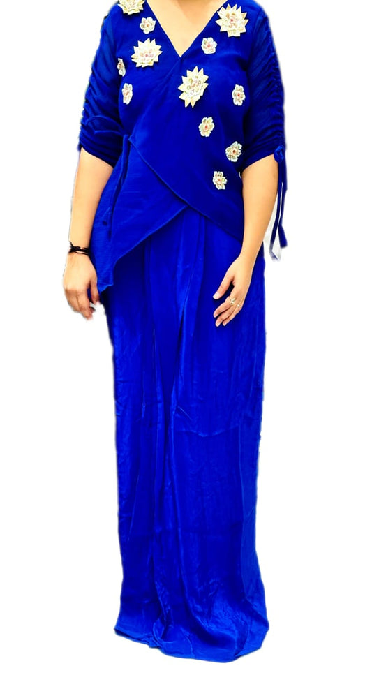 Elegant Blue Indo-Western Dhoti Set with Handmade Floral Detailing – Chiffon Top & Silk Dhoti