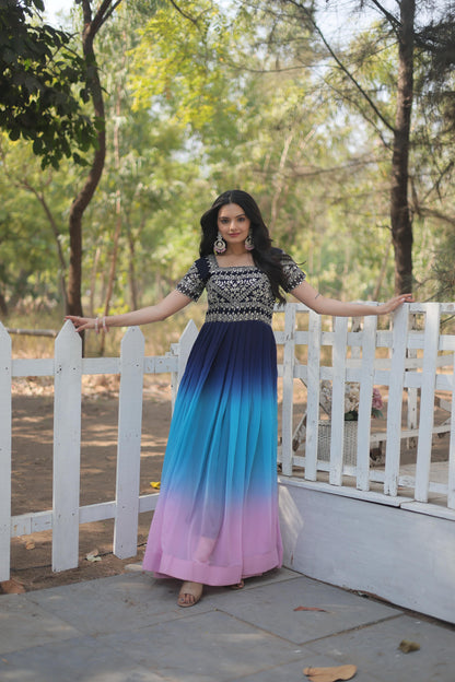 Luxury Designer Gown – Faux Blooming with Zari & Sequins Embroidery | Square Neck & Short Cutwork Sleeves - Shubh Trends