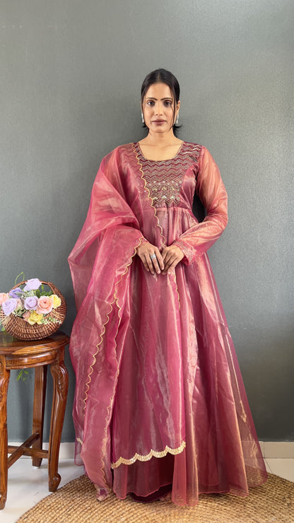 Designer Handwork Gown with Cutwork Dupatta – Premium Twill Net Tissue Silk | Wedding & Festive Wear - Shubh Trends