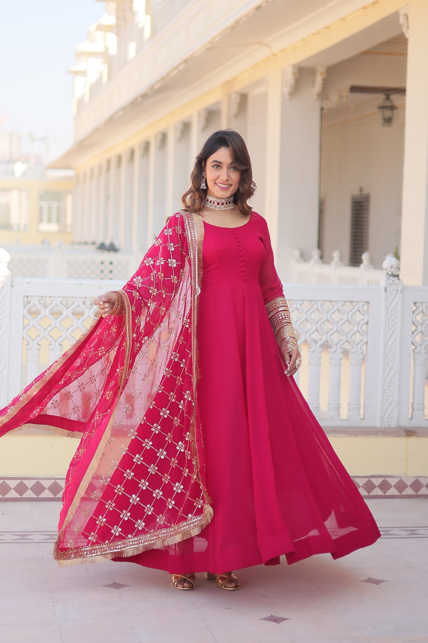 Elegant Faux Blooming Gown with Sequins Embroidery & Dupatta – Kali Pattern Flair | Wedding & Party Wear - Shubh Trends