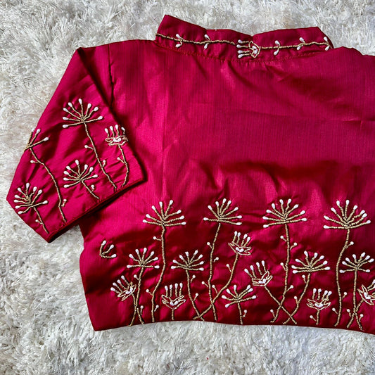 Elegant Pista Silk Handcrafted Blouse with Designer Collar & Sleeves