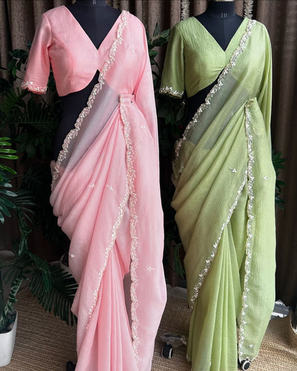 Blubbery Crush Silk Saree with Exquisite Handwork & Unstitched Blouse - Shubh Trends