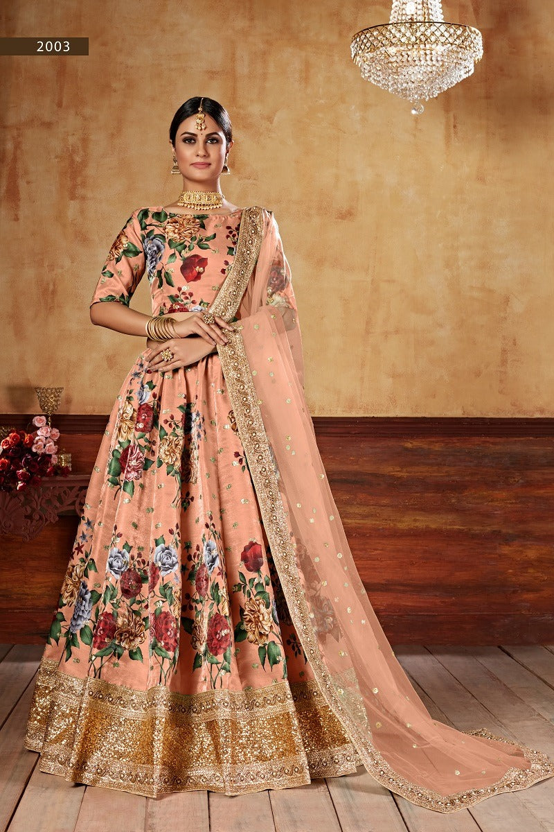 Wedding Season Special Floral Printed Lehenga Choli Set – Art Silk with Embroidery & Pearl Work