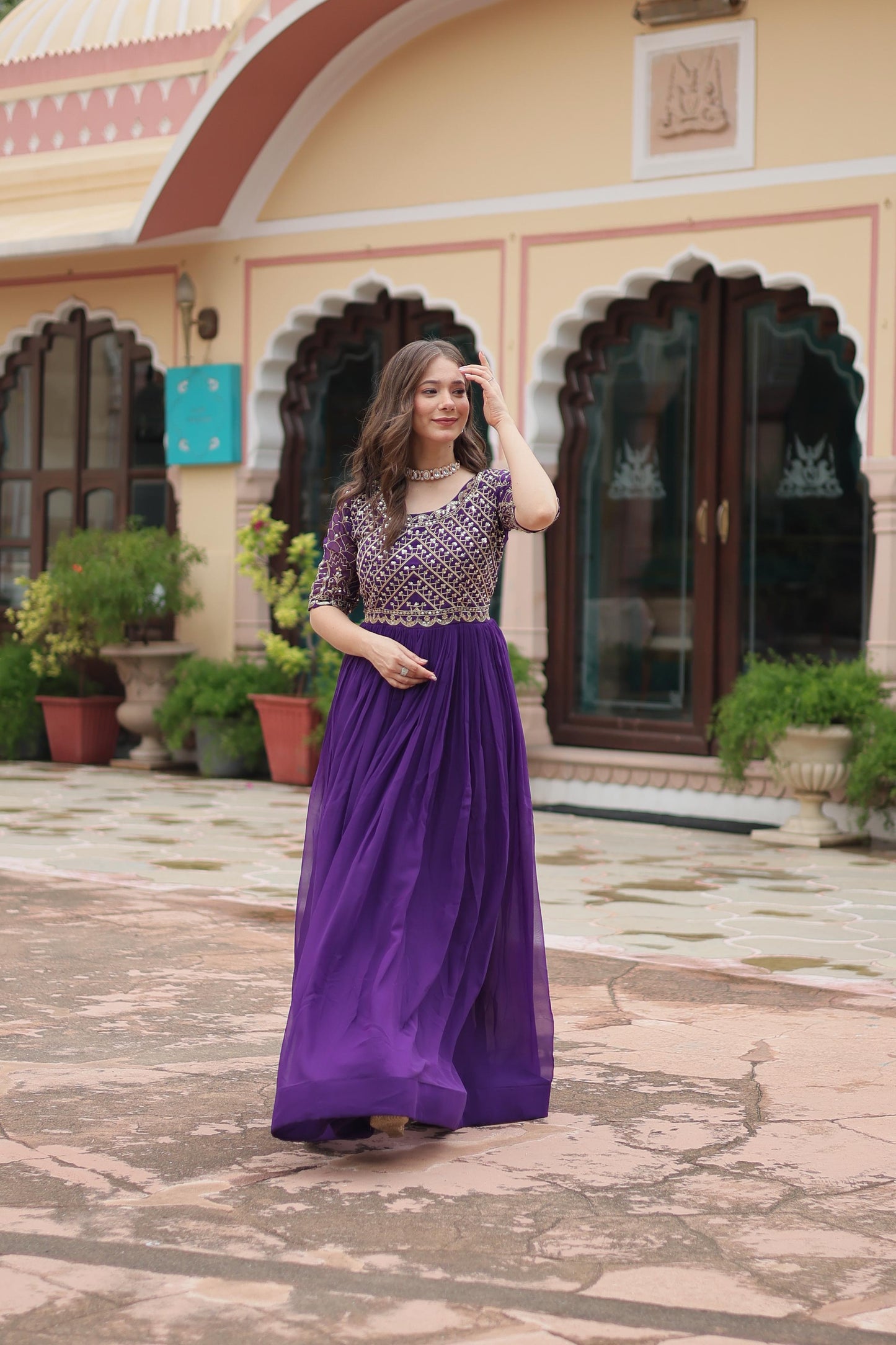 Luxury Designer Gown – Faux Blooming with Zari & Sequins Embroidery | Elegant Ethnic Wear - Shubh Trends