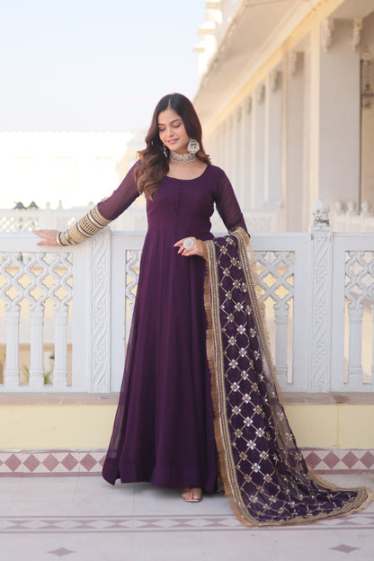 Elegant Faux Blooming Gown with Sequins Embroidery & Dupatta – Kali Pattern Flair | Wedding & Party Wear - Shubh Trends