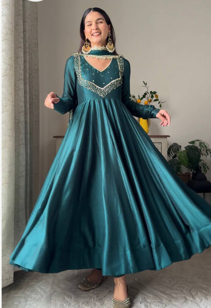 Blue Sapphire Color Party Wear Star Georgette Embroidered Gown with Dupatta and Pant - Shubh Trends