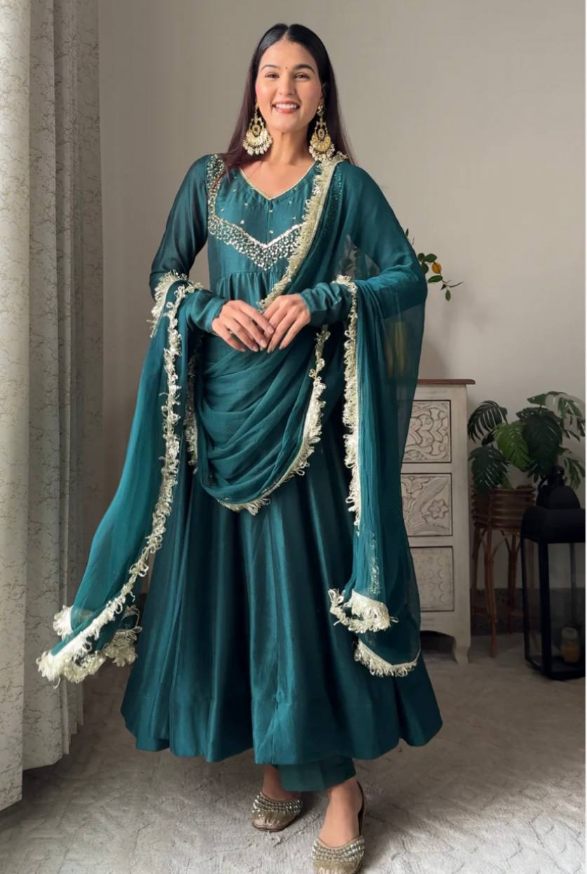 Blue Sapphire Color Party Wear Star Georgette Embroidered Gown with Dupatta and Pant - Shubh Trends