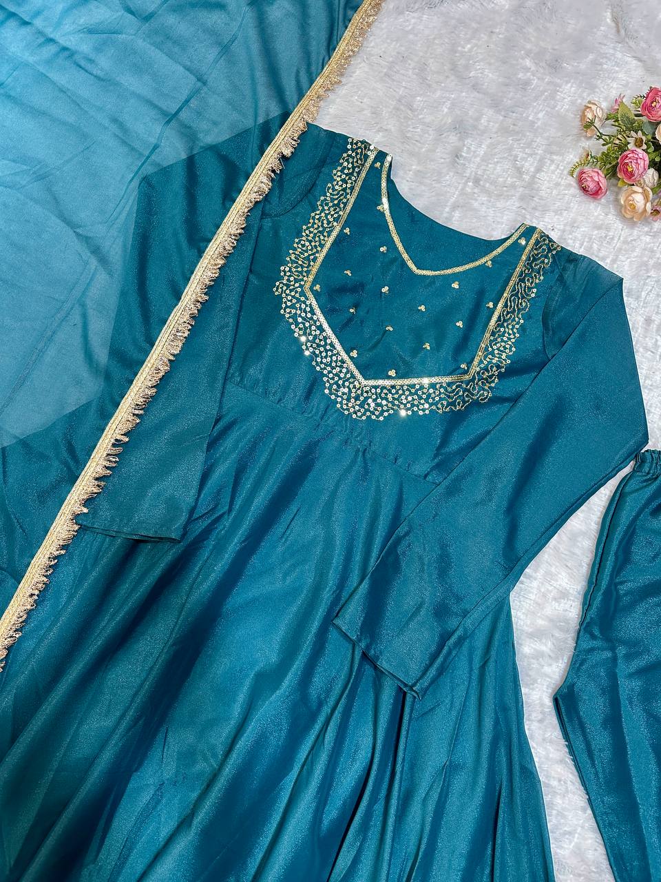 Blue Sapphire Color Party Wear Star Georgette Embroidered Gown with Dupatta and Pant - Shubh Trends