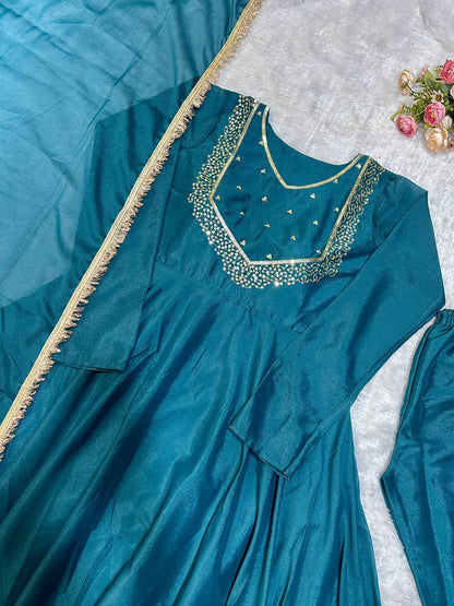 Blue Sapphire Color Party Wear Star Georgette Embroidered Gown with Dupatta and Pant - Shubh Trends