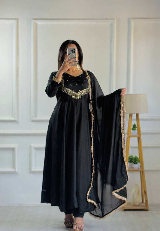 Black Color Party Wear Star Georgette Embroidered Gown with Dupatta and Pant - Shubh Trends