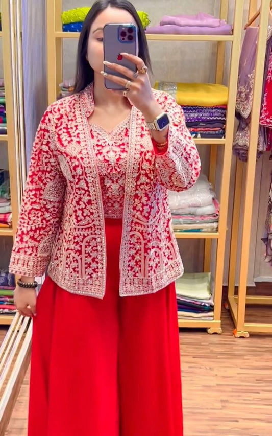 Trending Party Wear Embroidered Koti with Plazzo & Blouse – Elegant Ethnic Set - Shubh Trends