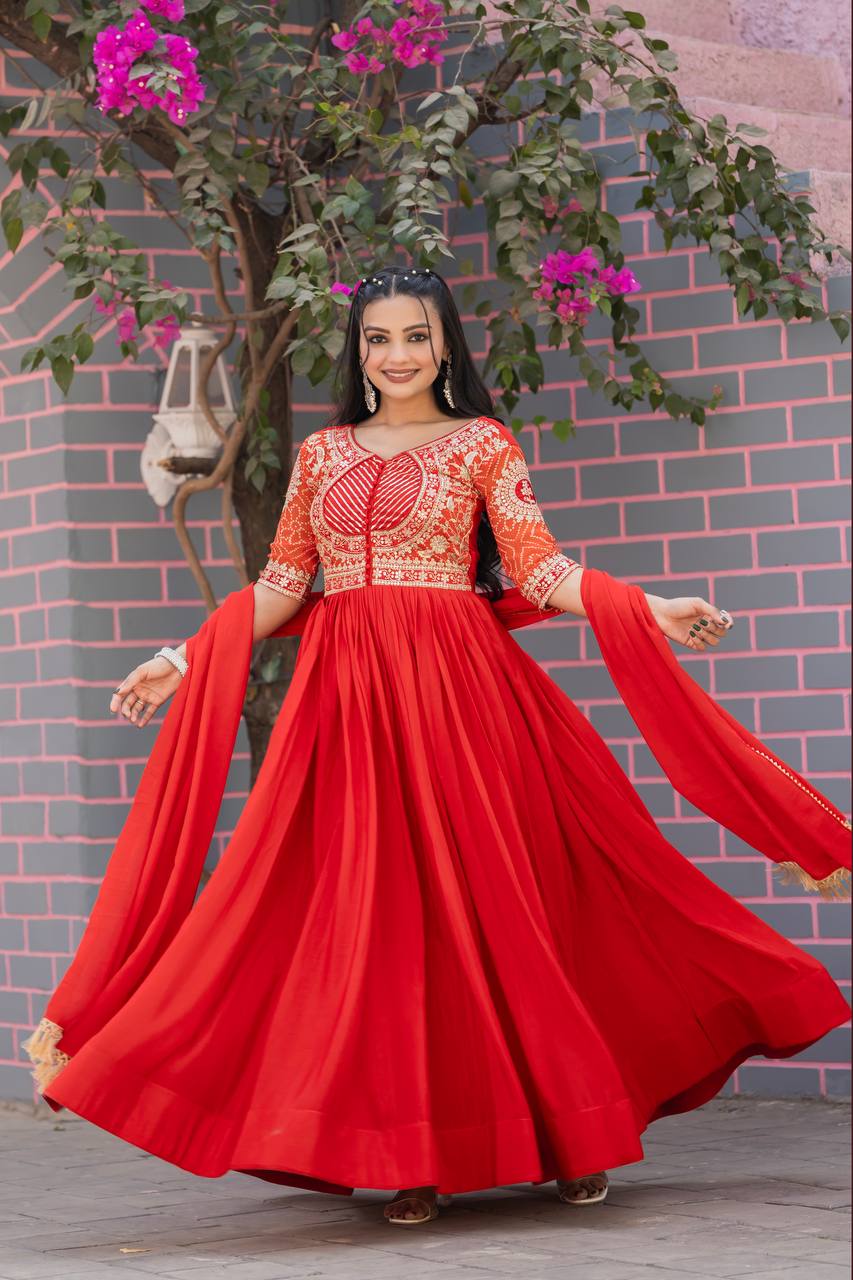 Orange Festival Special Long Gown with Dupatta – Pure Chinon & Bandhej with Heavy Sequin Work - Shubh Trends