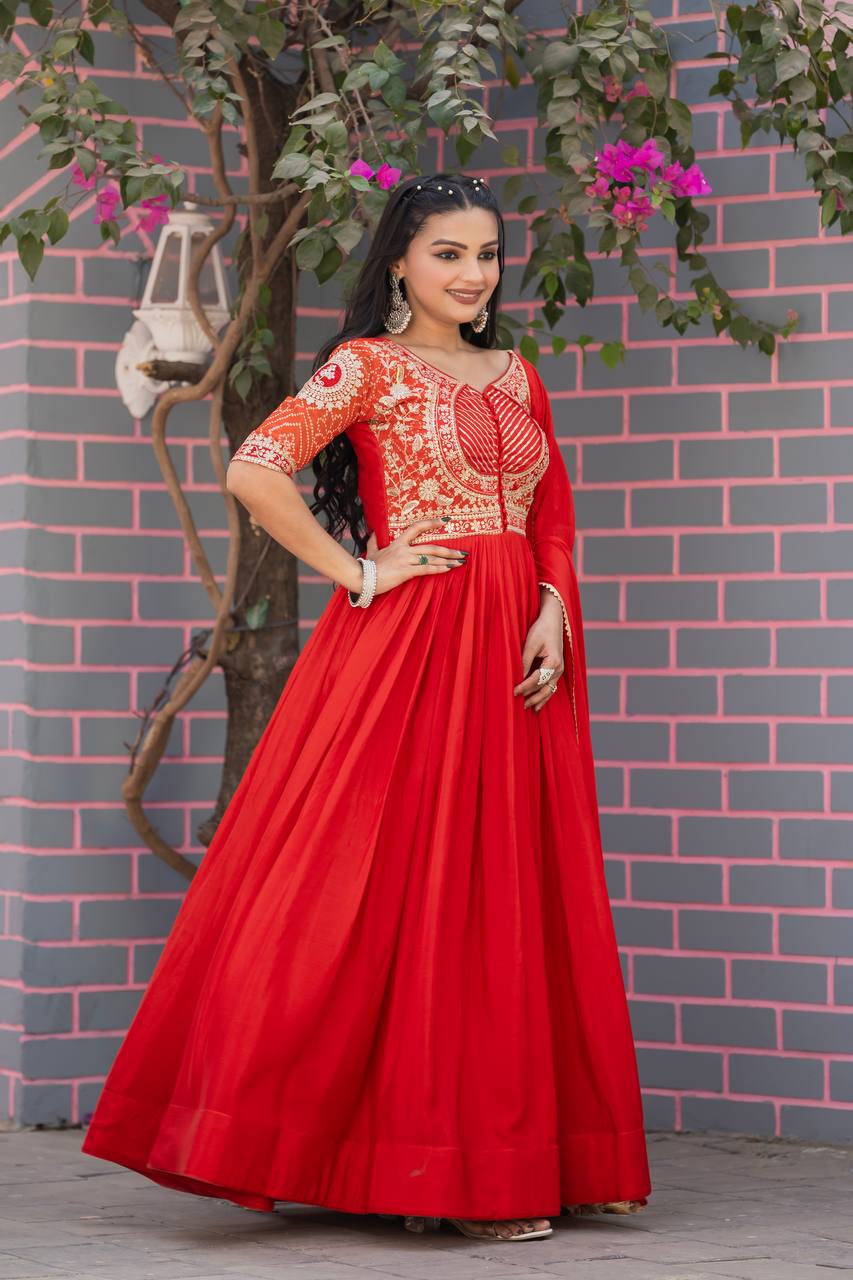 Orange Festival Special Long Gown with Dupatta – Pure Chinon & Bandhej with Heavy Sequin Work - Shubh Trends