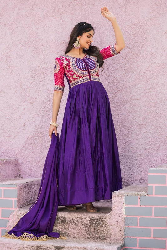 Purple Festival Special Long Gown with Dupatta – Pure Chinon & Bandhej with Heavy Sequin Work - Shubh Trends