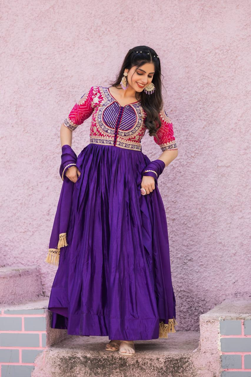 Purple Festival Special Long Gown with Dupatta – Pure Chinon & Bandhej with Heavy Sequin Work - Shubh Trends