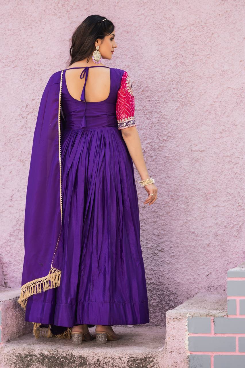 Purple Festival Special Long Gown with Dupatta – Pure Chinon & Bandhej with Heavy Sequin Work - Shubh Trends