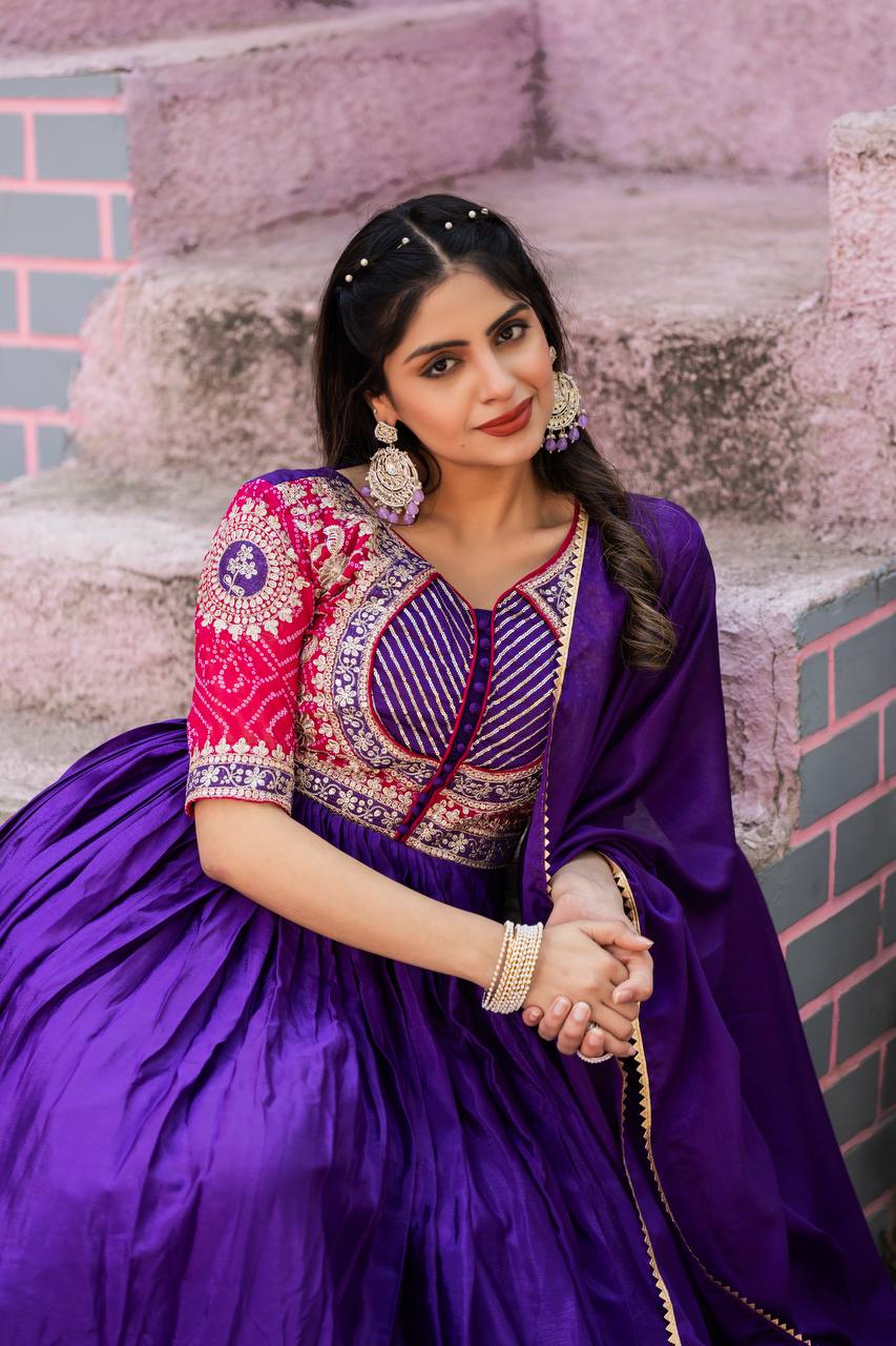 Purple Festival Special Long Gown with Dupatta – Pure Chinon & Bandhej with Heavy Sequin Work - Shubh Trends