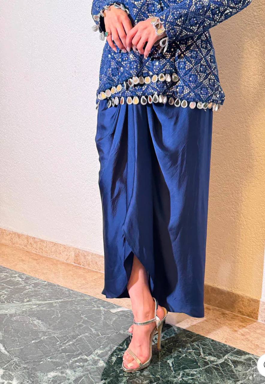 Blue Elegant Party Wear Chinon Top & Drape Skirt with Mirror Lace & Sequins - Shubh Trends