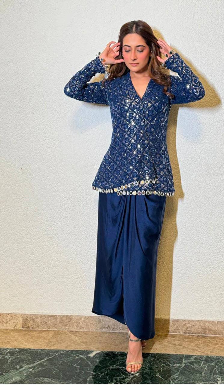 Blue Elegant Party Wear Chinon Top & Drape Skirt with Mirror Lace & Sequins - Shubh Trends