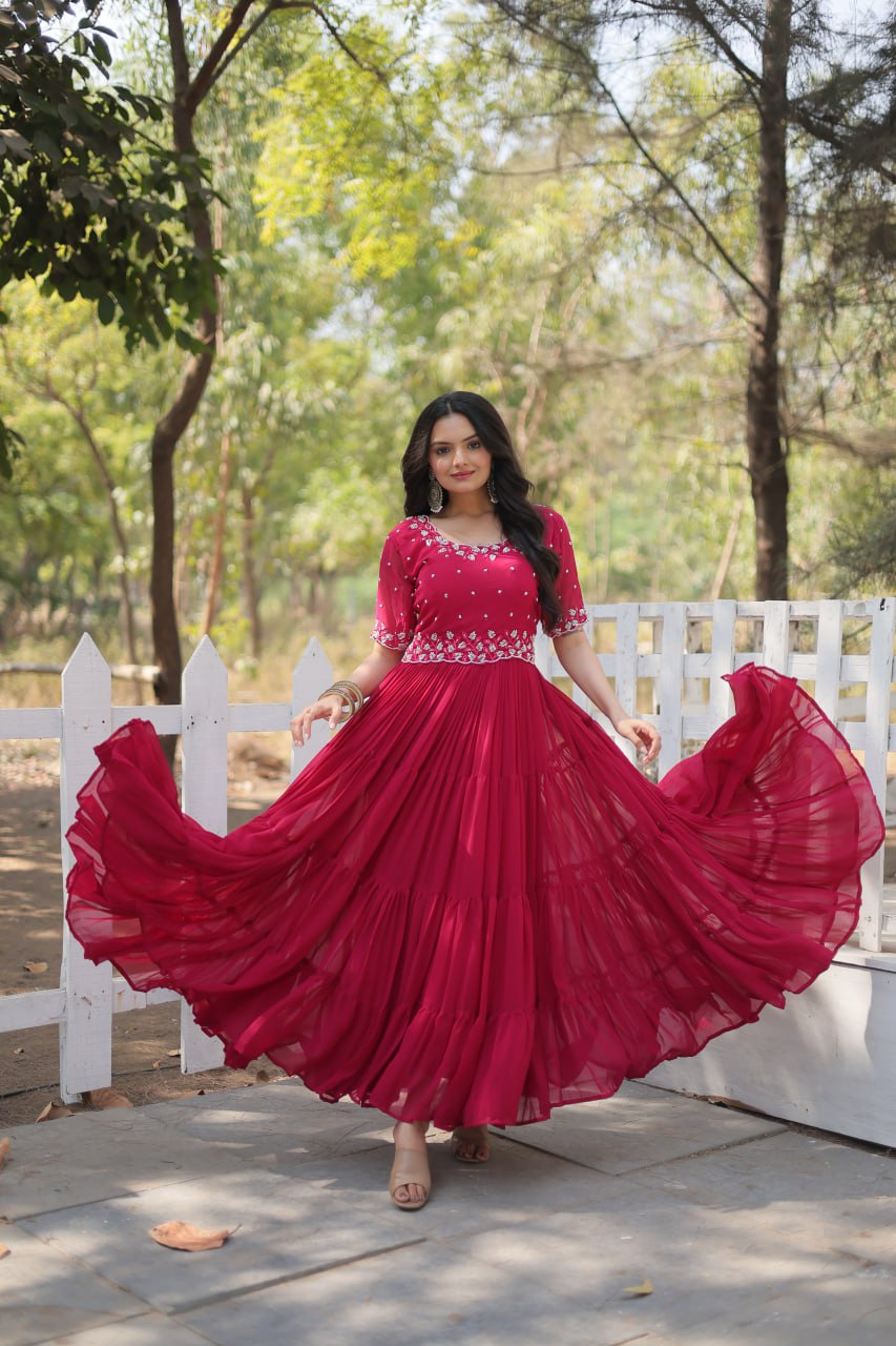 Gown Premium Designer Embroidered Gown – Faux Blooming Fabric with Beadwork - Shubh Trends