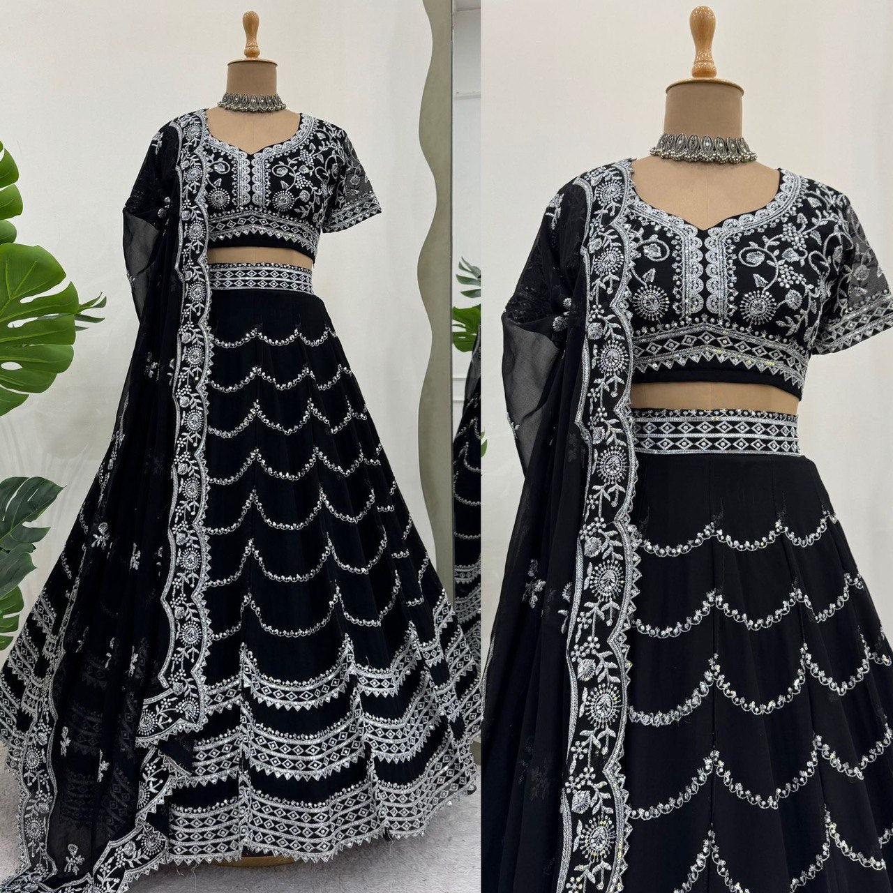 Black Designer Faux Georgette Embroidered Lehenga Choli with Sequins & Cancan - Shubh Trends