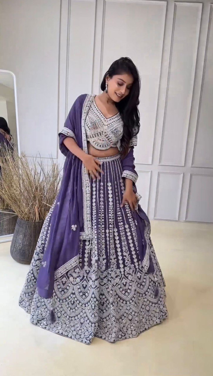 Blue Elegant Faux Georgette Lehenga Choli with Cording Dori & Sequins Embroidery - Shubh Trends