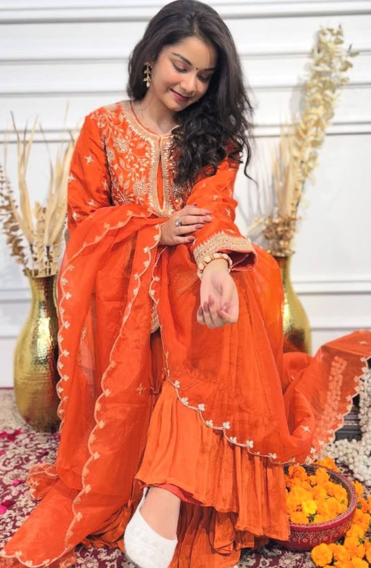 Orange Designer Party Wear Top & Sharara Set – Heavy Chinon Silk with Embroidery & Fancy Dupatta