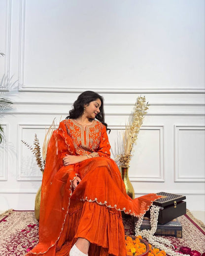 Orange Designer Party Wear Top & Sharara Set – Heavy Chinon Silk with Embroidery & Fancy Dupatta