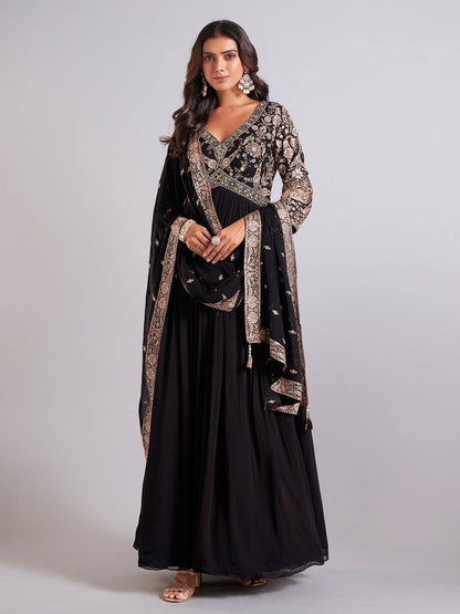 Black Sparrow Designer Party Wear Gown – Heavy Faux Georgette with Embroidery & Sequins Work