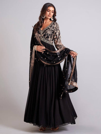 Black Sparrow Designer Party Wear Gown – Heavy Faux Georgette with Embroidery & Sequins Work