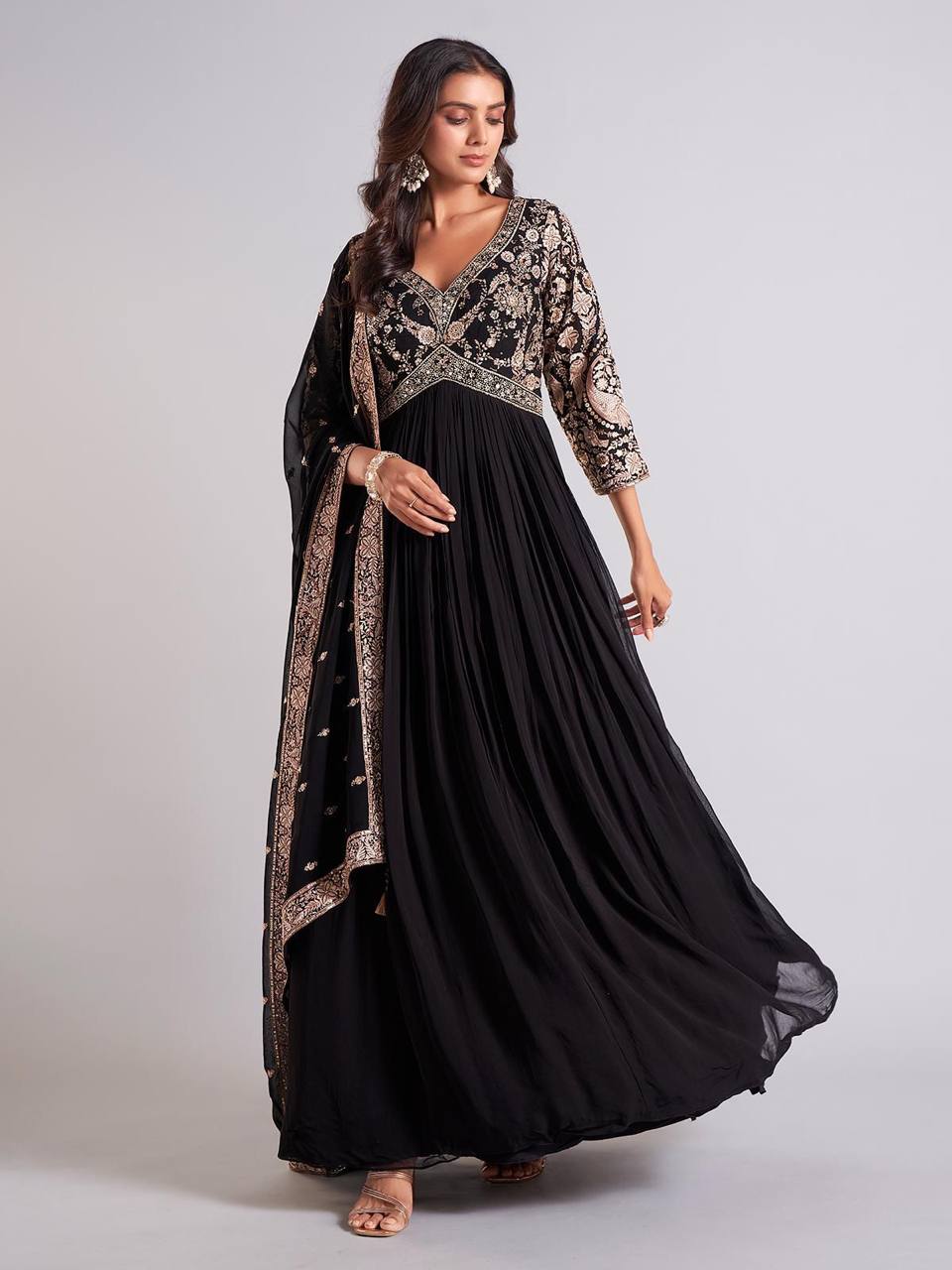 Black Sparrow Designer Party Wear Gown – Heavy Faux Georgette with Embroidery & Sequins Work