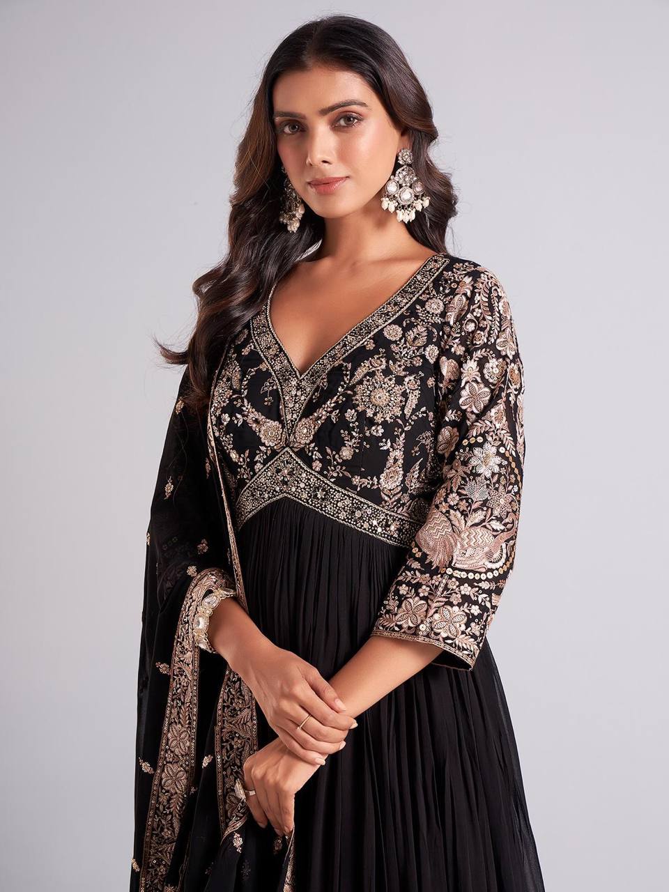 Black Sparrow Designer Party Wear Gown – Heavy Faux Georgette with Embroidery & Sequins Work