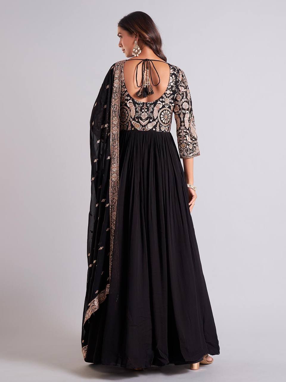 Black Sparrow Designer Party Wear Gown – Heavy Faux Georgette with Embroidery & Sequins Work