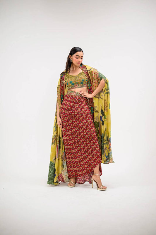 Red Trendy Three-Piece Western Outfit – Tube Blouse, Dhoti & Shrug