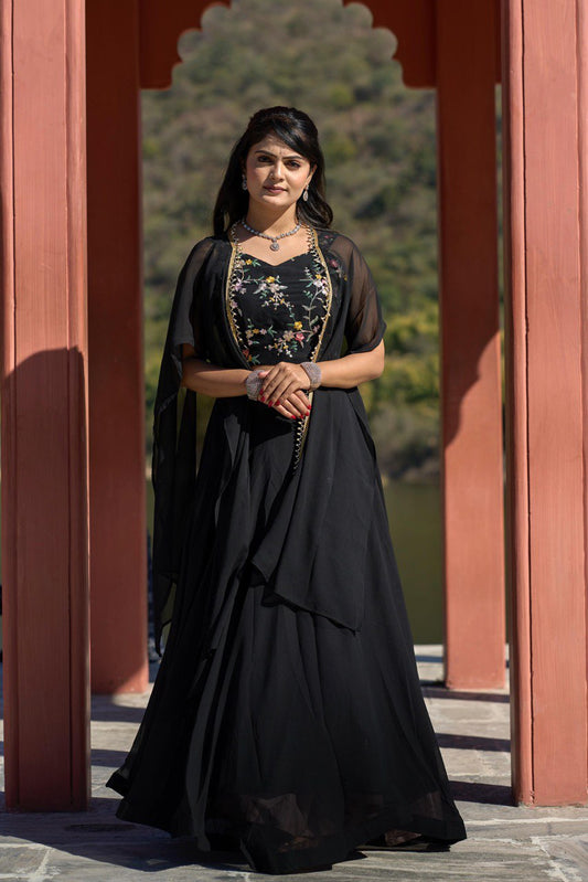 Classical Black Embroidered Georgette Lehenga Set – Timeless Elegance