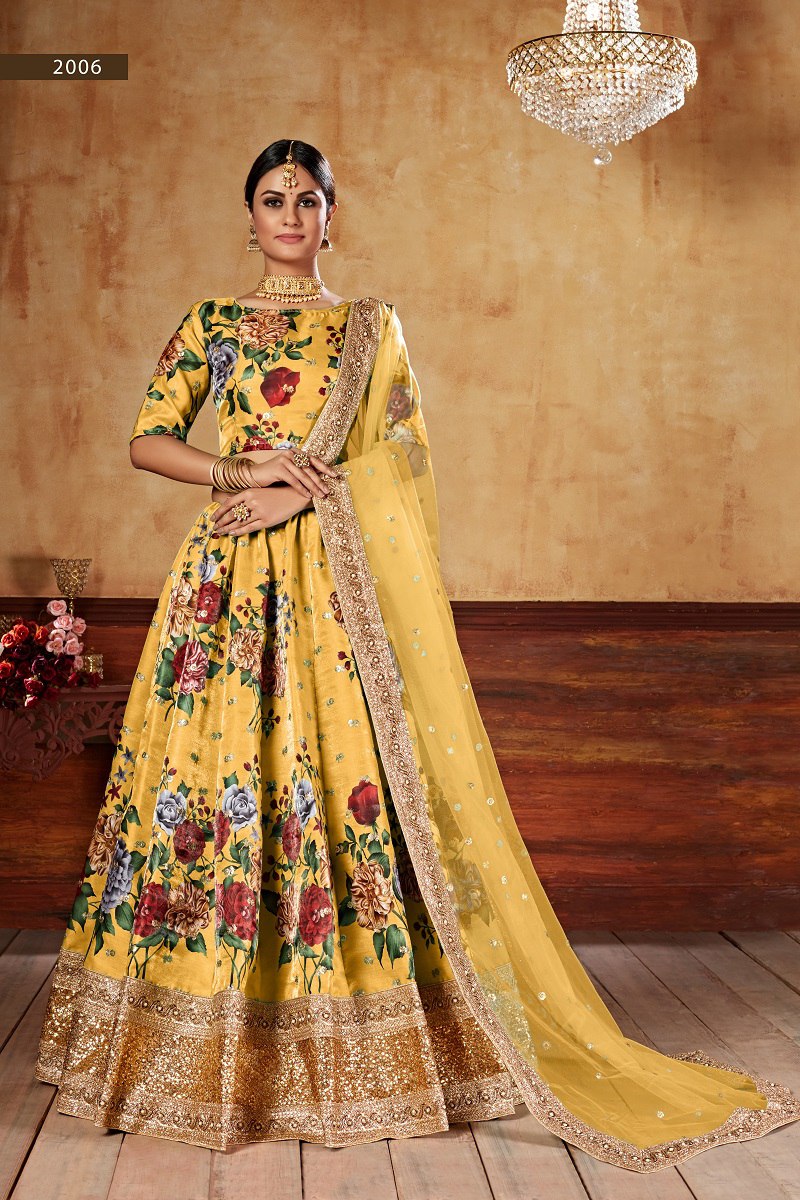 Wedding Season Special Floral Printed Lehenga Choli Set – Art Silk with Embroidery & Pearl Work