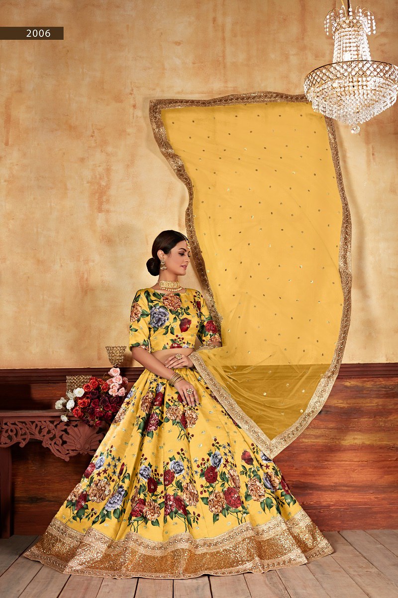 Wedding Season Special Floral Printed Lehenga Choli Set – Art Silk with Embroidery & Pearl Work